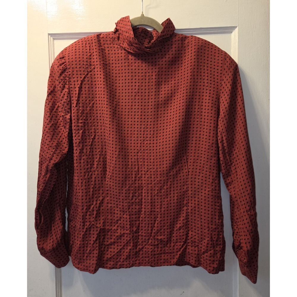 Vintage 90's Jones Wear Red/Black Polka Dot Mock Neck Back Button Blouse 12